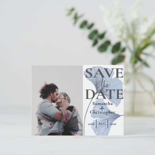 Carte Postale Faire-part Enregistrer la date Botanical Dusty Blue Photo Mar (Debout devant)