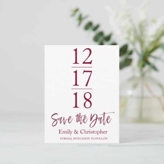 Carte Postale Faire-part Enregistrer la date Bourgogne Marsala Script moder (Debout devant)