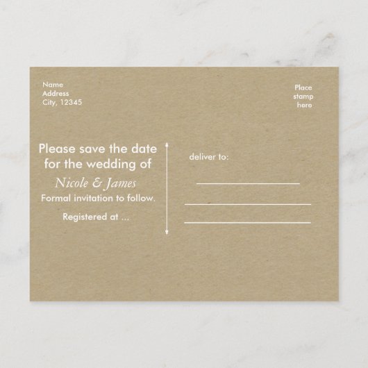 Carte Postale Faire-part ENREGISTRER LA DATE Brown Kraft Photo Mariage Cart (Dos)