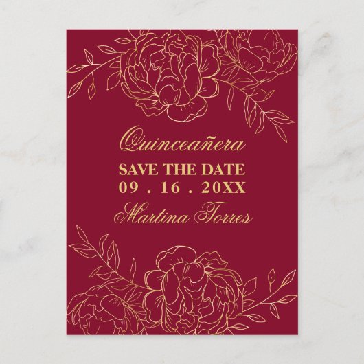 Carte Postale Faire-part Enregistrer la date Burgundy et Gold Fine Art Flor (Devant)