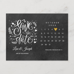 Carte Postale Faire-part Enregistrer la date Calendrier Gold Heart Chalkboa