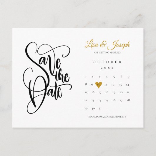 Carte Postale Faire-part Enregistrer la date Calendrier Gold Love Heart Car (Devant)