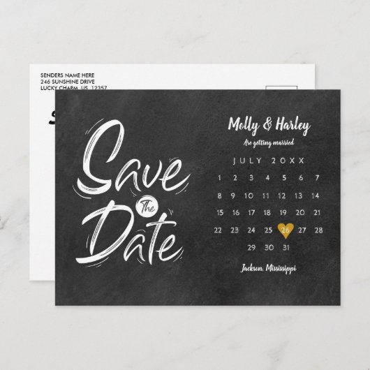 Carte Postale Faire-part Enregistrer la date Calendrier Gold Love Heart Cha (Devant / Derrière)