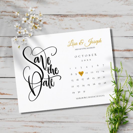 Carte Postale Faire-part Enregistrer la date Calendrier Gold Love Heart Inv