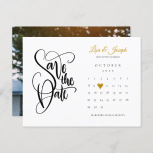 Carte Postale Faire-part Enregistrer la date Calendrier Gold Love Heart Pho