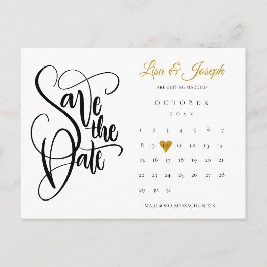 Carte Postale Faire-part Enregistrer la date Calendrier Gold Love Heart Pho (Devant)