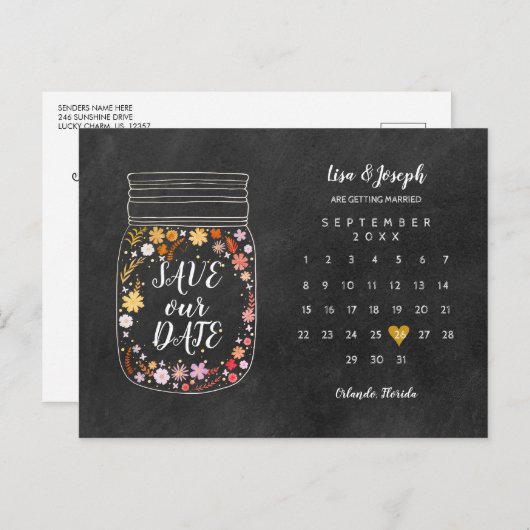Carte Postale Faire-part Enregistrer la date Calendrier Heart Mason Jar Cha (Devant / Derrière)
