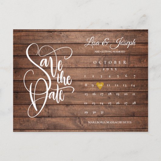 Carte Postale Faire-part Enregistrer la date Calendrier Rustic Wood Gold He (Devant)