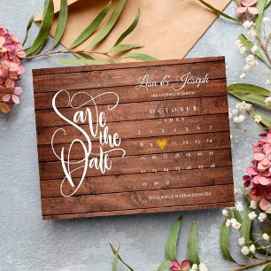 Carte Postale Faire-part Enregistrer la date Calendrier Rustic Wood Gold He