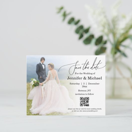 Carte Postale Faire-part enregistrer la date code qr minimum photo mariage (Debout devant)