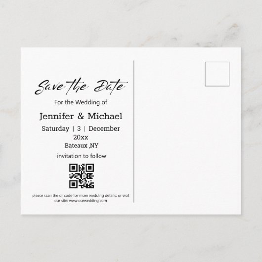 Carte Postale Faire-part enregistrer la date code qr photo écriture blanche (Dos)