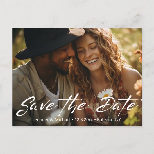 Carte Postale Faire-part enregistrer la date code qr photo écriture blanche (Devant)