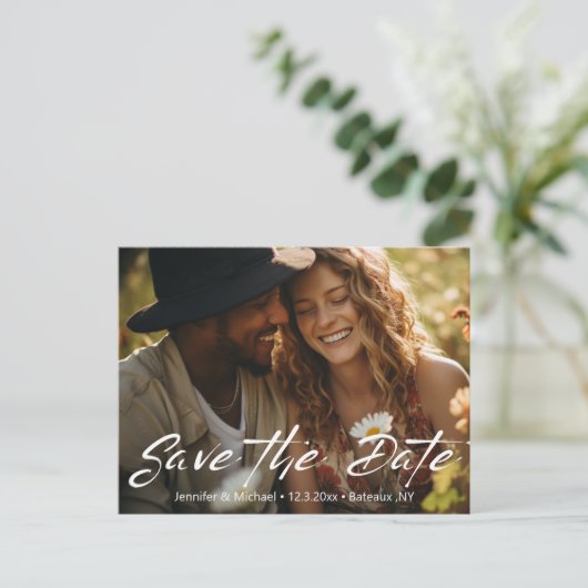 Carte Postale Faire-part enregistrer la date code qr photo écriture blanche (Debout devant)