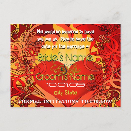 Carte Postale Faire-part Enregistrer la date - Coeurs en feu (Dos)