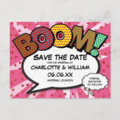 Carte Postale Faire-part Enregistrer la date Comic Book BOOM Modern Pink Fu (Devant)