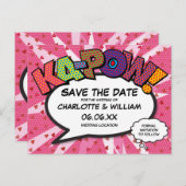 Carte Postale Faire-part Enregistrer la date Comic Book KAPOW Modern Pink F (Devant / Derrière)