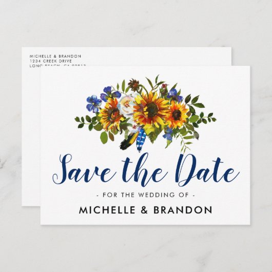 Carte Postale Faire-part Enregistrer la date de campagne rustique | Navy & (Devant / Derrière)