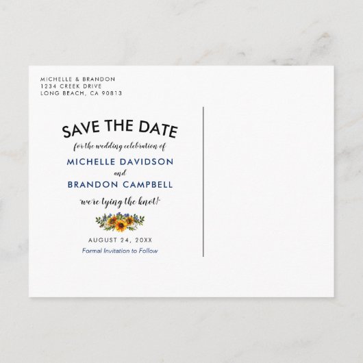 Carte Postale Faire-part Enregistrer la date de campagne rustique | Navy & (Dos)