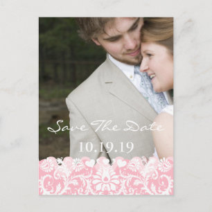 Carte Postale Faire-part Enregistrer la date de votre photo Damas rose et b