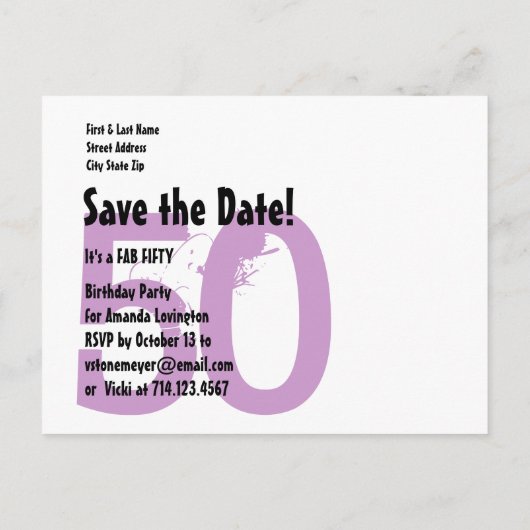 Carte Postale Faire-part Enregistrer la date FAB 50 Anniversaire V50A PURPL (Dos)