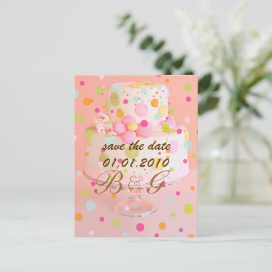 Carte Postale Faire-part Enregistrer la date, gâteau mariage (Debout devant)