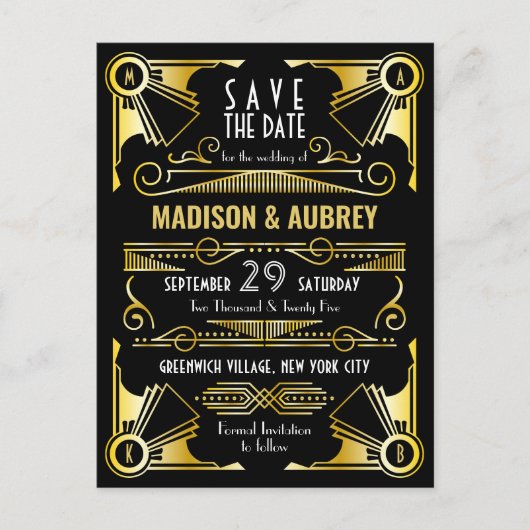 Carte Postale Faire-part Enregistrer la date Gatsby Mariage Art Déco Gold B (Devant)