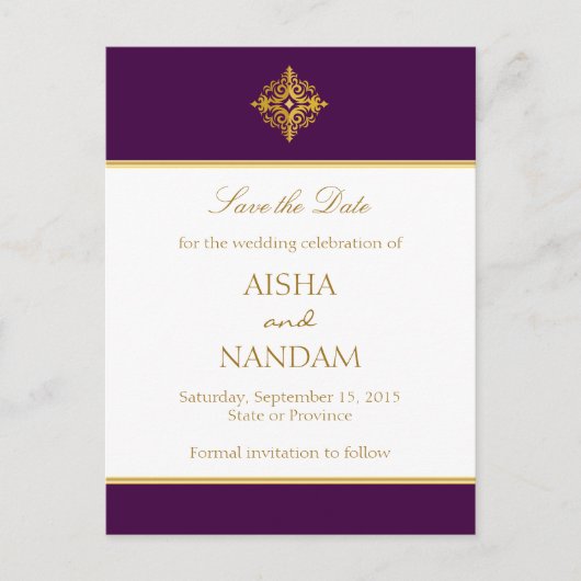 Carte Postale Faire-part Enregistrer la date Gold and Purple Postcard (Devant)