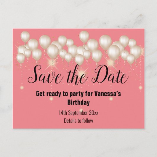 Carte Postale Faire-part Enregistrer la date Gold Balloons Sparkle PEACH (Devant)