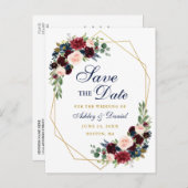 Carte Postale Faire-part Enregistrer la date Gold Frame Burgundy Blue Flora (Devant / Derrière)