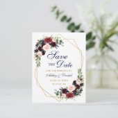 Carte Postale Faire-part Enregistrer la date Gold Frame Burgundy Blue Flora (Debout devant)