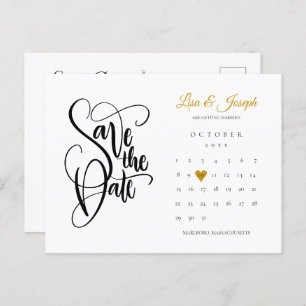 Carte Postale Faire-part Enregistrer la date Gold Heart Calendar QR Code