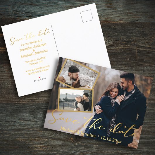 Carte Postale Faire-part enregistrer la date golden mariage 3 photo collage