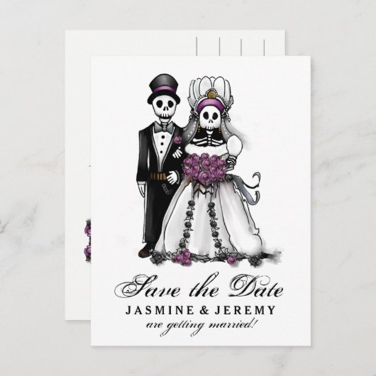 Carte Postale Faire-part Enregistrer la date Halloween Skeletons Purple Pos (Devant / Derrière)