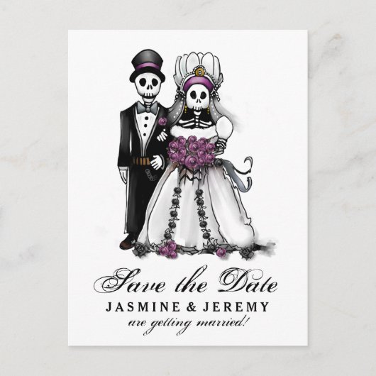 Carte Postale Faire-part Enregistrer la date Halloween Skeletons Purple Pos (Devant)