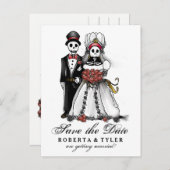 Carte Postale Faire-part Enregistrer la date Halloween Skeletons Red PostCa (Devant / Derrière)