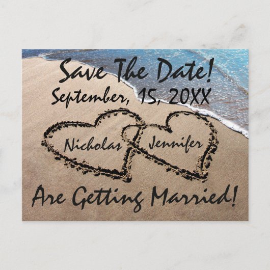 Carte Postale Faire-part Enregistrer La Date Hearts Sand Beach Wedding Cart (Devant)