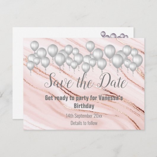 Carte Postale Faire-part Enregistrer la date Marble Balloon Sparkle All Occ (Devant / Derrière)