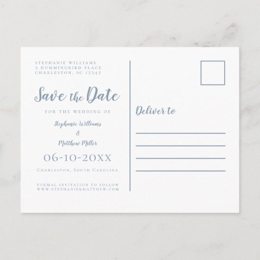 Carte Postale Faire-part Enregistrer La Date Mariage Dusty Bleu Simple Mode (Dos)