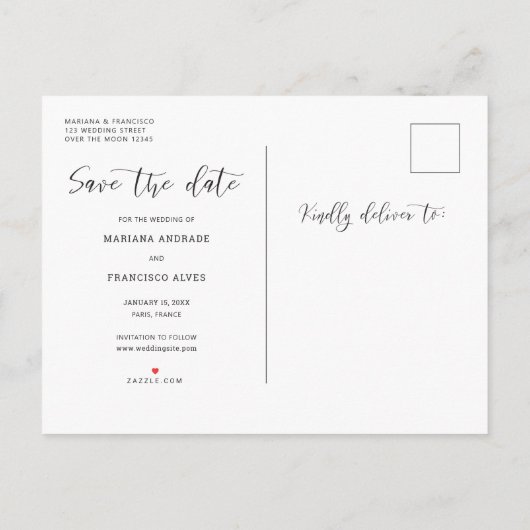 Carte Postale Faire-part Enregistrer la date Mariage Photo Chic Script élég (Dos)