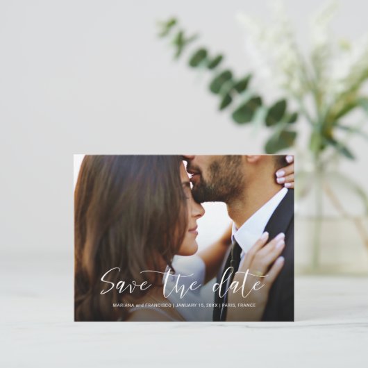 Carte Postale Faire-part Enregistrer la date Mariage Photo Chic Script élég (Debout devant)