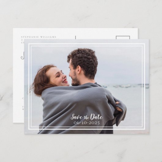 Carte Postale Faire-part Enregistrer la date Mariage Photo Gris & Blanc Mod (Devant / Derrière)