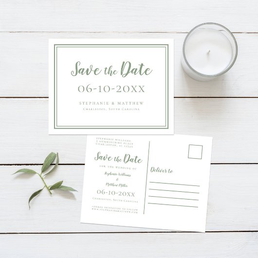 Carte Postale Faire-part Enregistrer La Date Mariage Vert & Blanc Simple Mo