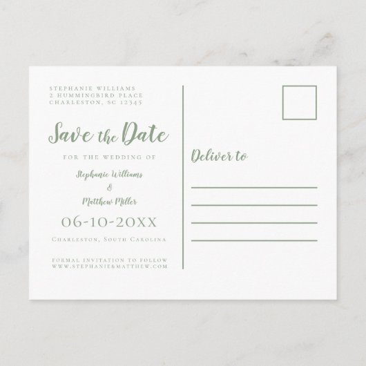 Carte Postale Faire-part Enregistrer La Date Mariage Vert & Blanc Simple Mo (Dos)