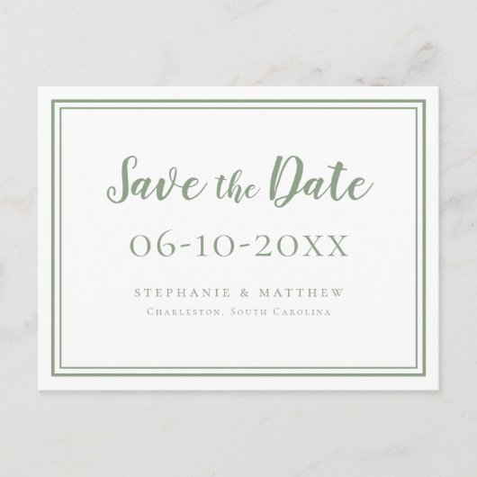 Carte Postale Faire-part Enregistrer La Date Mariage Vert & Blanc Simple Mo (Devant)