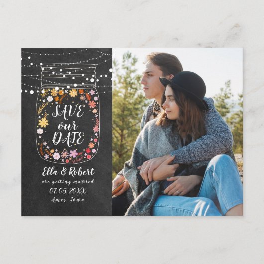 Carte Postale Faire-part Enregistrer la date Mason Jar String Lights Boho P (Devant)