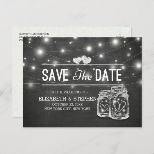 Carte Postale Faire-part Enregistrer La Date Mason Jar String Lights Chalkb (Devant / Derrière)
