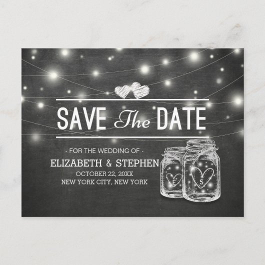 Carte Postale Faire-part Enregistrer La Date Mason Jar String Lights Chalkb (Devant)