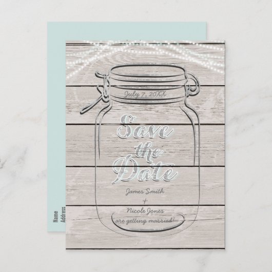 Carte Postale Faire-part Enregistrer La Date Mason Jar & String Lights Mari (Devant / Derrière)