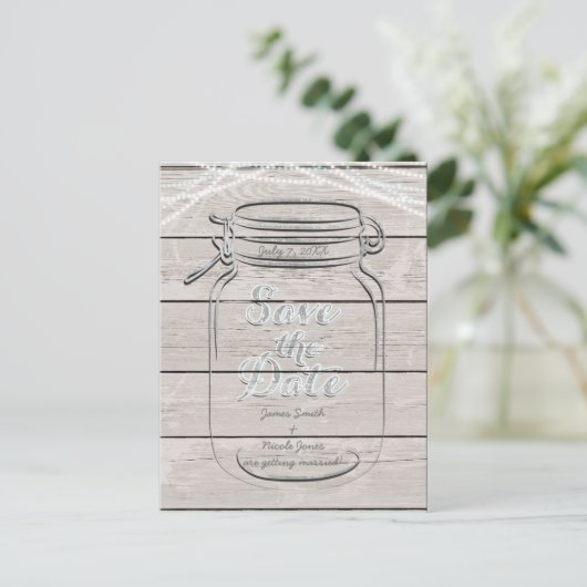Carte Postale Faire-part Enregistrer La Date Mason Jar & String Lights Mari (Debout devant)