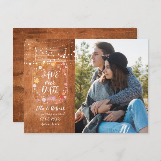 Carte Postale Faire-part Enregistrer la date Mason Jar String Lights Rustic (Devant / Derrière)